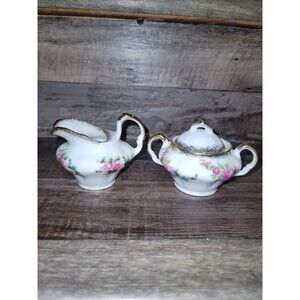 Vintage Floral Creamer And Sugar Bowl Set Gold Rim Small With Lid